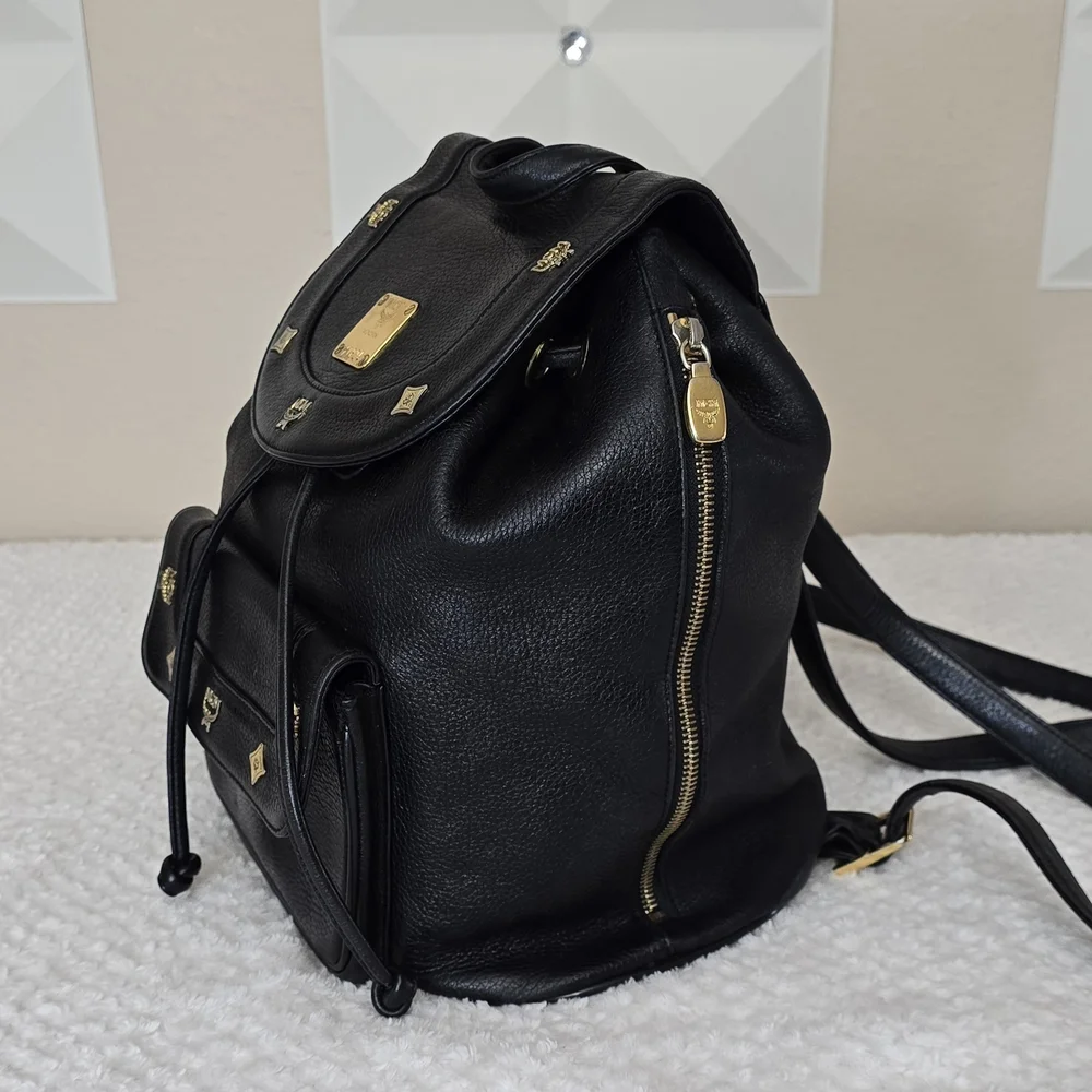 MCM Black Leather Studded Backpack Gold Hardware Drawstring Side Zip